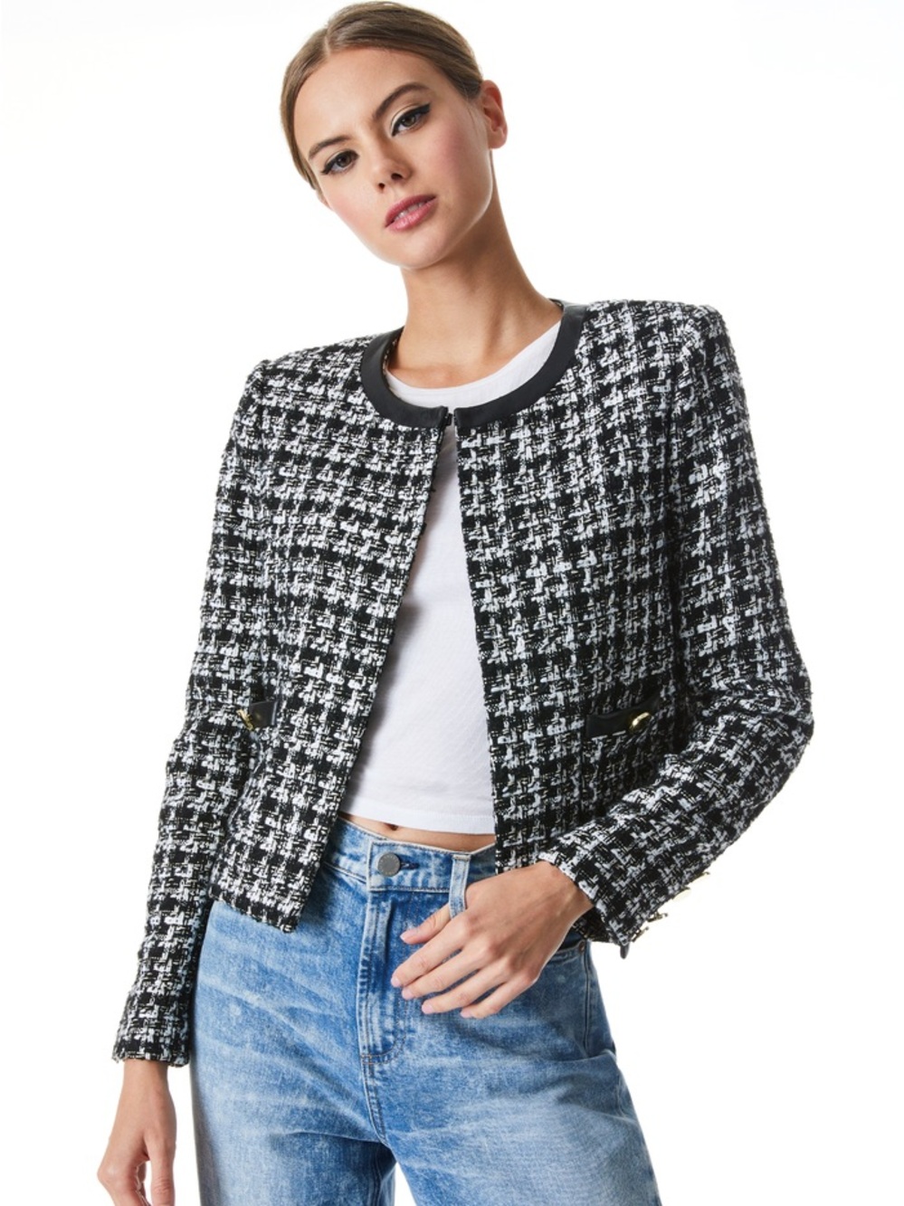Alice and Olivia Tweed Crop Jacket - Women's Classic Collarless Blazer